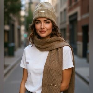 Cozy Tan Knit Scarf and Beanie Set